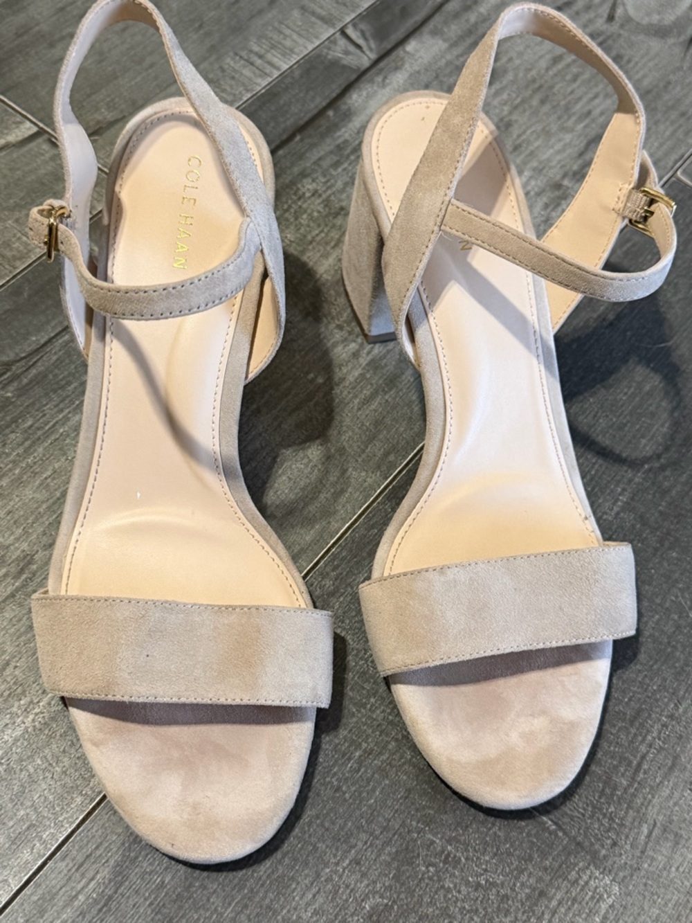 Cole Haan Grand 360 Suede Block Heel Sandals Nude Beige Ankle Strap Size 8.5B